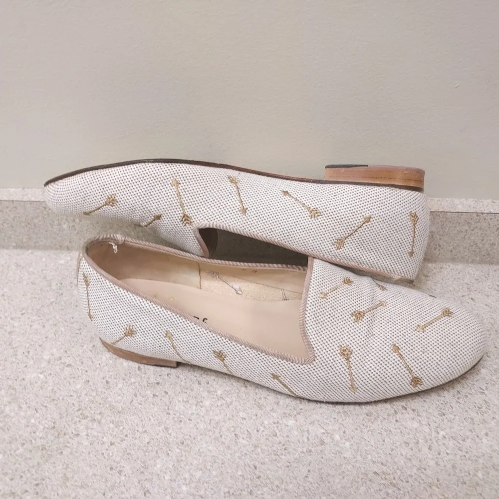 Jon Josef Arrow Embroidered Smoking Flats Womens 9 Cream Beige Canvas Loafers